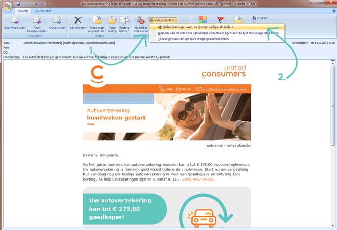 outlook veilige afzender instellen